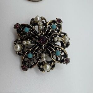 Vintage Ornate Brooch w/ Faux Pearls, Turquoise Cabochons & Purple Rhinestones
